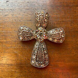 Vintage Rhinestone Cross Brooch Pendant Dual Pin & Necklace Charm Gold Tone